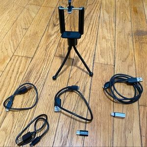Phone tripod and various charging cables and adapters